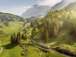 The Zentralbahn, nestled among green meadows and fir forests in the beautiful Haslital valley.