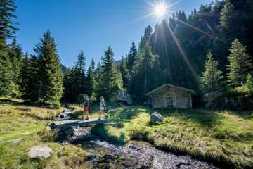 Two hikers are walking along the Säumerweg trail in Gadmen. They are crossing the mountain stream on a small wooden bridge in front of an alpine hut. The sun is shining down on the clearing from above the fir trees.