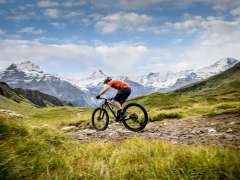 A cyclist in a red T-shirt is riding down the mountain, and in the background you can see the mountain panorama of Grindelwald.