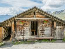 Une petite cabane dans les alpages de la Forêt-Noire, avec des géraniums sur la façade. La porte est ouverte.