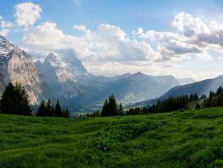 A panoramic view from the Grosse Scheidegg across green alpine meadows toward Mättenberg, the Eiger, and the Grindelwald Valley under a cloudy sky.