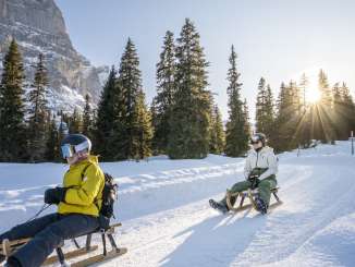 Two people are sledding one behind the other on the Grosse Scheidegg–Schwarzwaldalp sledding run. The low-hanging sun shines through the trees, casting long shadows on the snow. The Wetterhorn rises in the background.