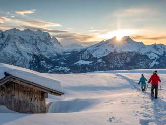 At sunset—and against a stunning mountain backdrop: Two snowshoers out and about on the Hasliberg